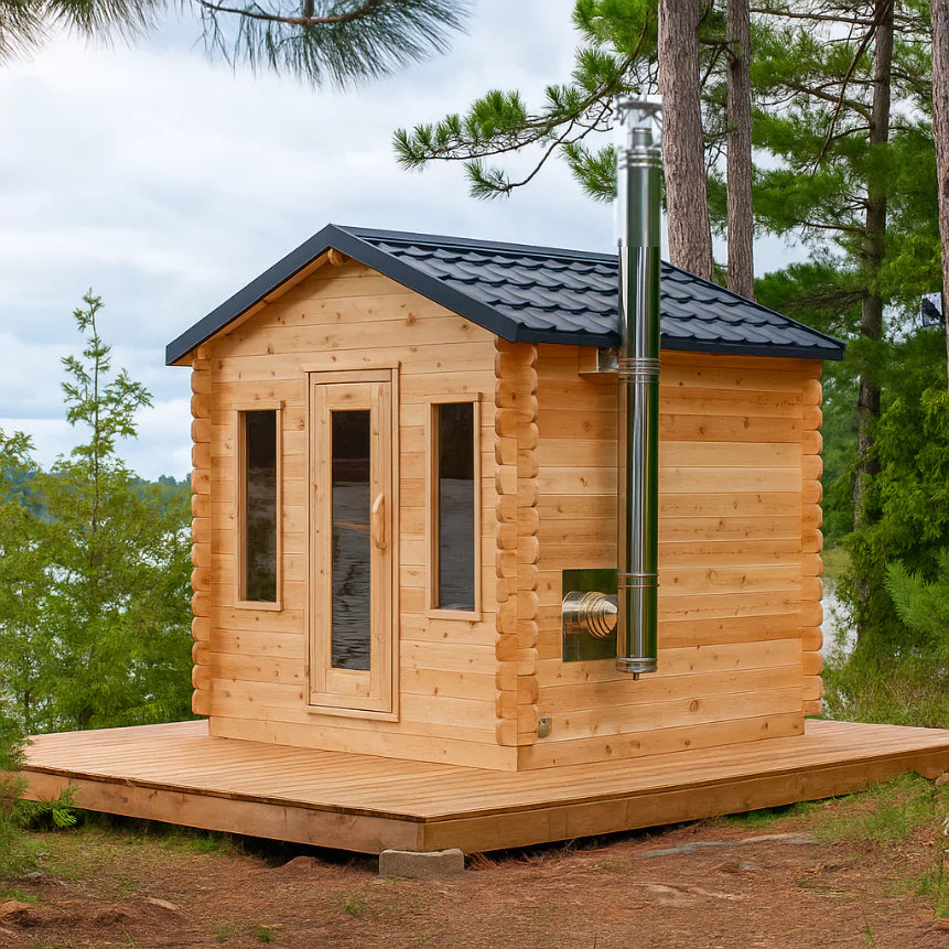 Georgian wooden cedar cabin with a chimney