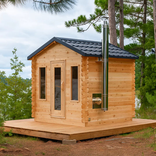 Georgian wooden cedar cabin with a chimney